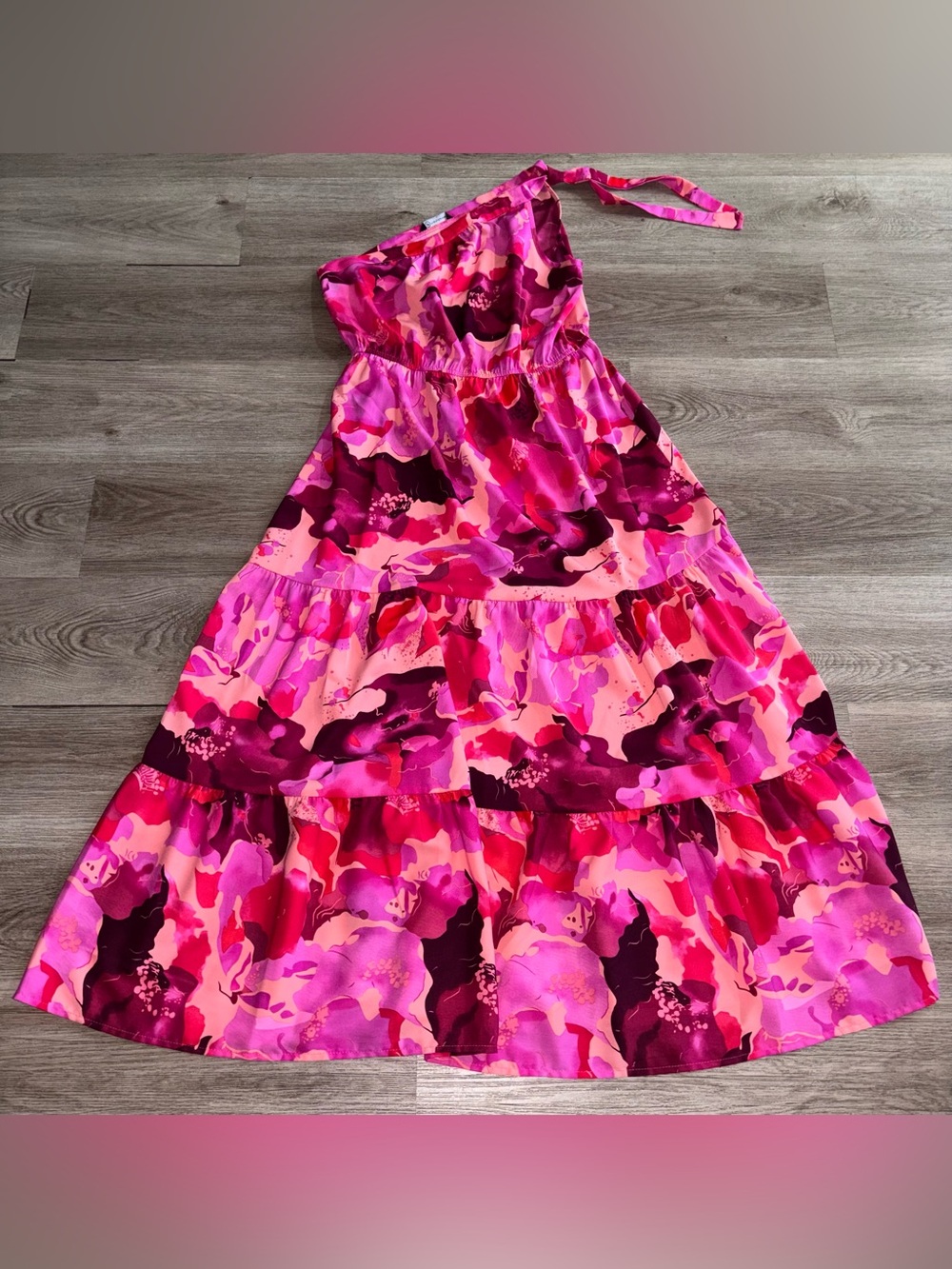 One-Shoulder Floral Tiered Midi Dress in Hot Pink - Picture 3 of 6